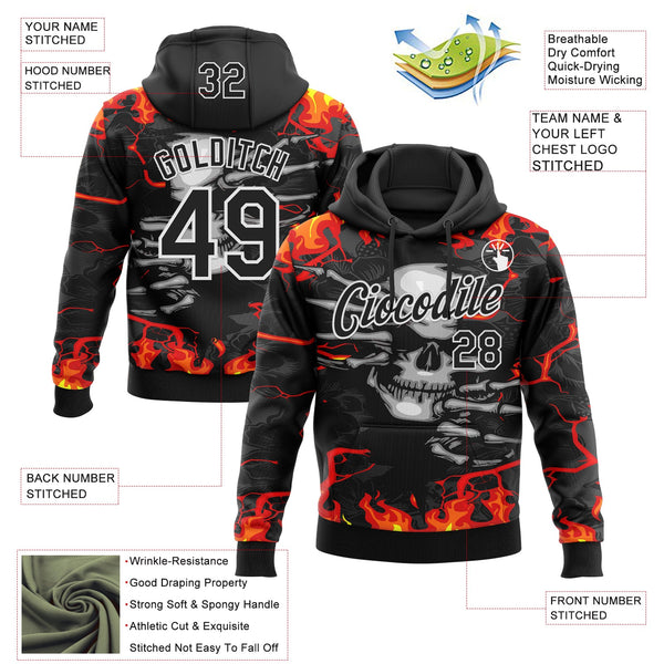 Custom Stitched Black Red Yellow-White 3D Pattern Design Flame Skull Sports Pullover Sweatshirt Hoodie alternate