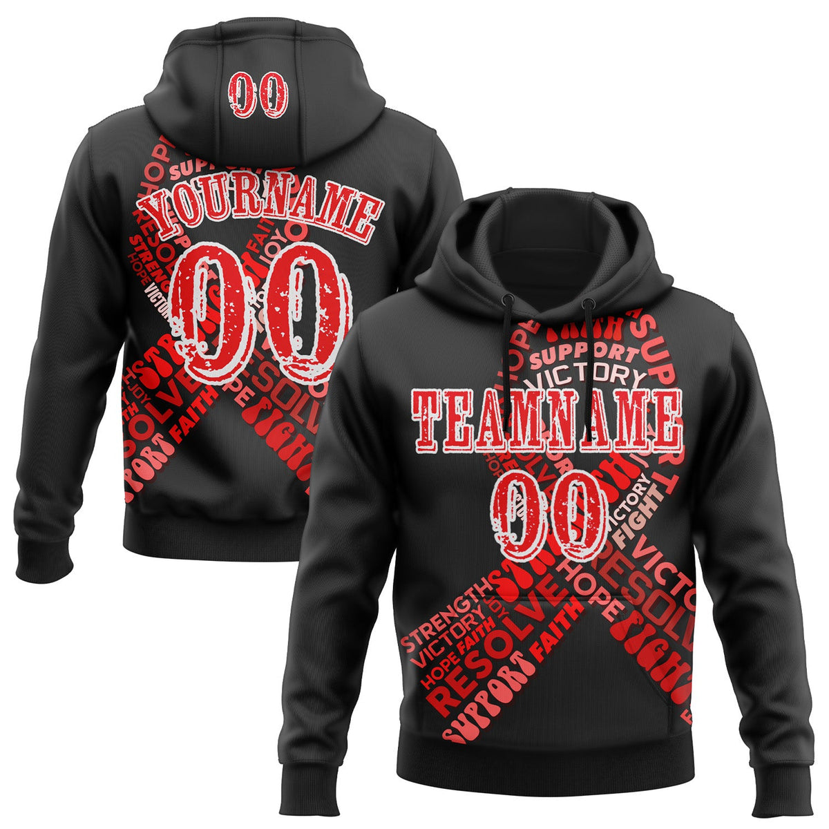 Custom Black Fire Red-White 3D Blood Cancer World Cancer Day Ribbon Support Sports Pullover Sweatshirt Hoodie