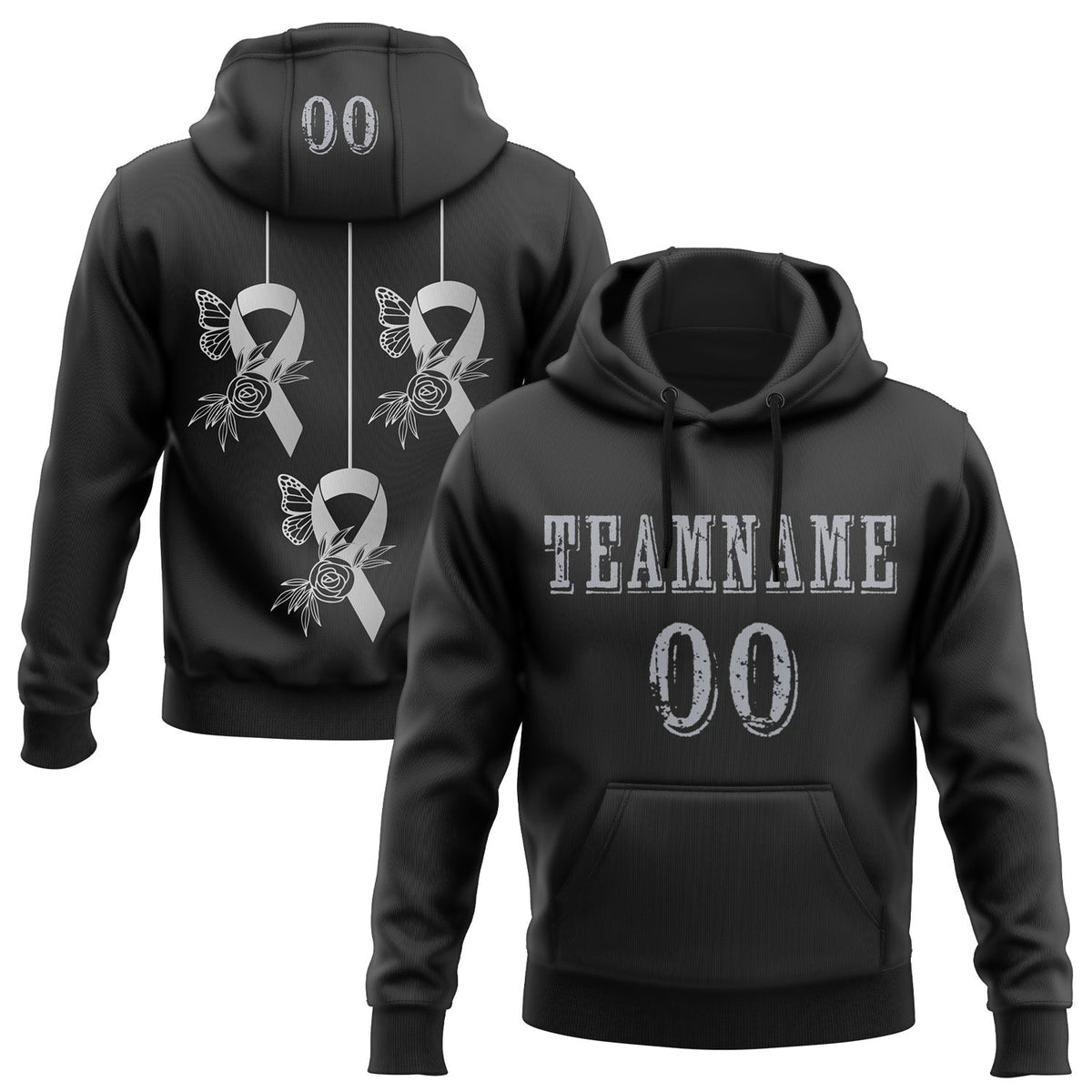 Custom Black Gray 3D Brain Cancer World Cancer Day Ribbon Support Sports Pullover Sweatshirt Hoodie