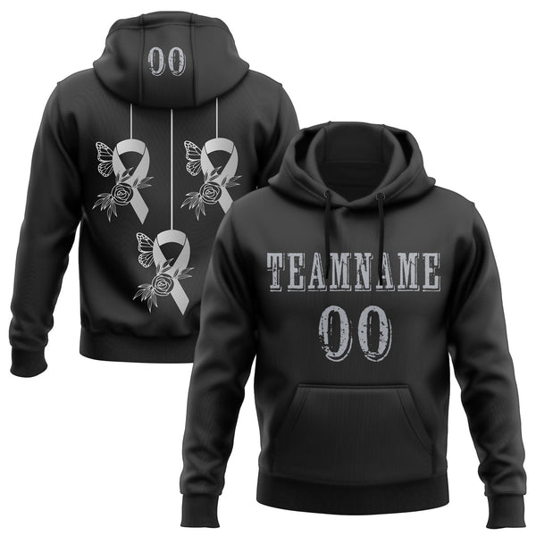 Custom Black Gray 3D Brain Cancer World Cancer Day Ribbon Support Sports Pullover Sweatshirt Hoodie