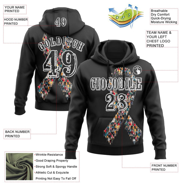 Custom Black White 3D Skin Cancer World Cancer Day Ribbon Support Sports Pullover Sweatshirt Hoodie alternate