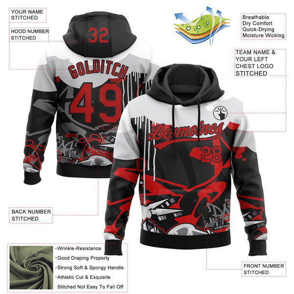 Custom Stitched Black Red Gray-White 3D Graffiti Splash Street Art Sports Pullover Sweatshirt Hoodie alternate