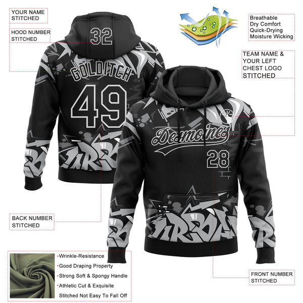 Custom Stitched Black Gray-White 3D Graffiti Splash Street Art Sports Pullover Sweatshirt Hoodie alternate