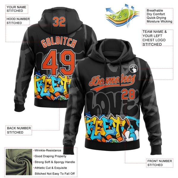 Custom Stitched Black Orange Gray-White 3D Graffiti Splash Street Art Sports Pullover Sweatshirt Hoodie alternate