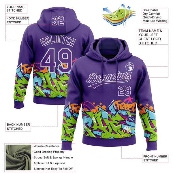 Custom Stitched Purple White 3D Graffiti Splash Street Art Sports Pullover Sweatshirt Hoodie alternate