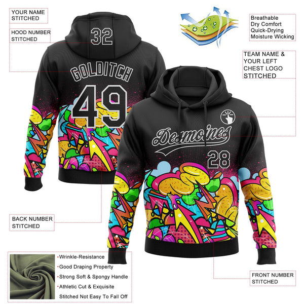 Custom Stitched Black White 3D Graffiti Splash Street Art Sports Pullover Sweatshirt Hoodie alternate