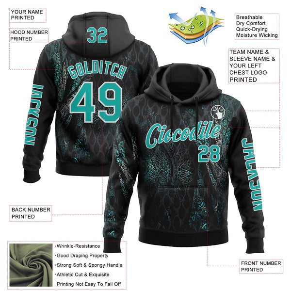 Custom Black Aqua-White 3D Pattern Design Ethnic Tribal Sportswear Pullover Sweatshirt Hoodie alternate
