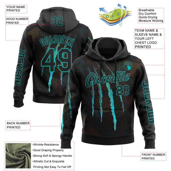 Custom Black Aqua 3D Pattern Design Scratch Tribal Sportswear Pullover Sweatshirt Hoodie alternate