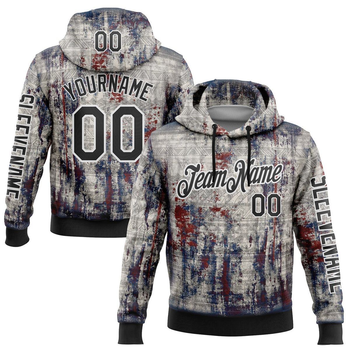 Custom Gray Black-White 3D Pattern Design Ethnic Tribal Sportswear Pullover Sweatshirt Hoodie