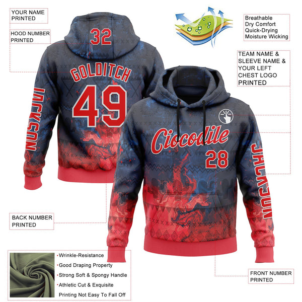 Custom Navy Fire Red-White 3D Pattern Design Ethnic Tribal Sportswear Pullover Sweatshirt Hoodie alternate