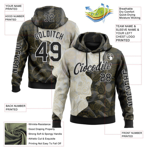 Custom Black Cream-White 3D Pattern Design Ethnic Tribal Sportswear Pullover Sweatshirt Hoodie alternate