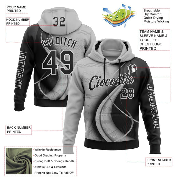 Custom Black Gray-White 3D Pattern Design Ethnic Tribal Sportswear Pullover Sweatshirt Hoodie alternate