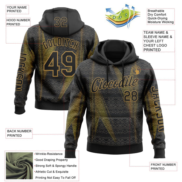Custom Black Old Gold 3D Pattern Design Ethnic Tribal Sportswear Pullover Sweatshirt Hoodie alternate