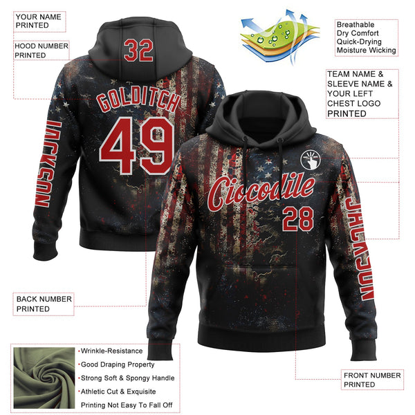 Custom Black Red-White 3D American Flag Sports Pullover Sweatshirt Hoodie alt