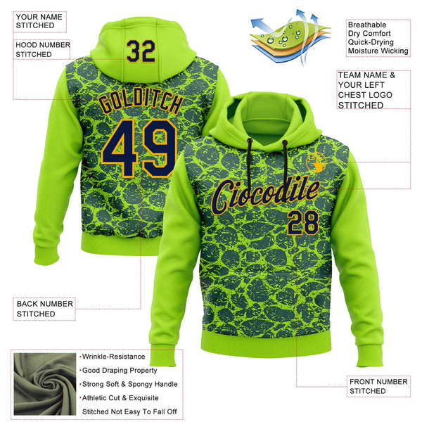 Custom Stitched Neon Green Navy-Gold 3D Pattern Design Crocodile Skin Print Sportswear Pullover Sweatshirt Hoodie alternate