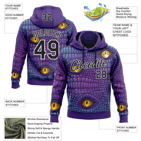 Custom Stitched Purple Black-White 3D Pattern Design Crocodile Skin Print Sportswear Pullover Sweatshirt Hoodie alternate