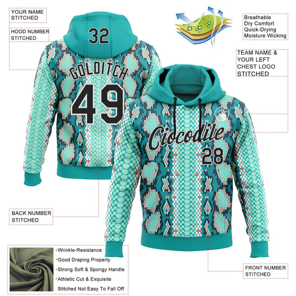 Custom Stitched Aqua Black-White 3D Pattern Design Snake Skin Print Sportswear Pullover Sweatshirt Hoodie alternate