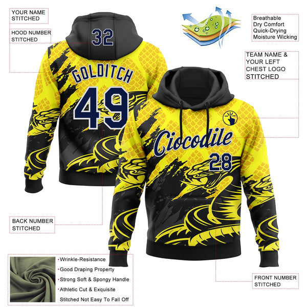 Custom Stitched Yellow Navy Black-White 3D Pattern Design Snake Skin Print Sportswear Pullover Sweatshirt Hoodie alternate