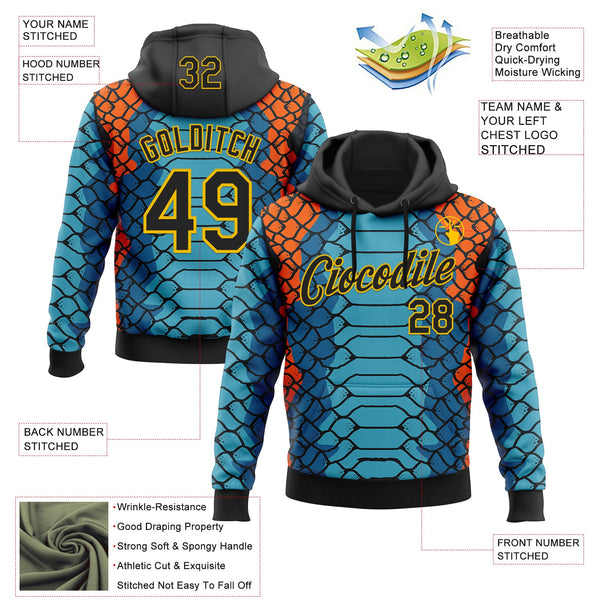 Custom Stitched Blue Black Orange-Yellow 3D Pattern Design Snake Skin Print Sportswear Pullover Sweatshirt Hoodie alternate
