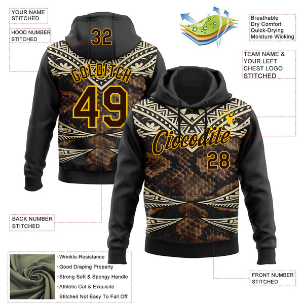 Custom Stitched Black Brown Cream-Yellow 3D Pattern Design Snake Skin Print Sportswear Pullover Sweatshirt Hoodie alternate
