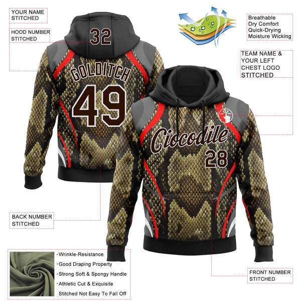Custom Stitched Black Brown Red-White 3D Pattern Design Snake Skin Print Sportswear Pullover Sweatshirt Hoodie alternate