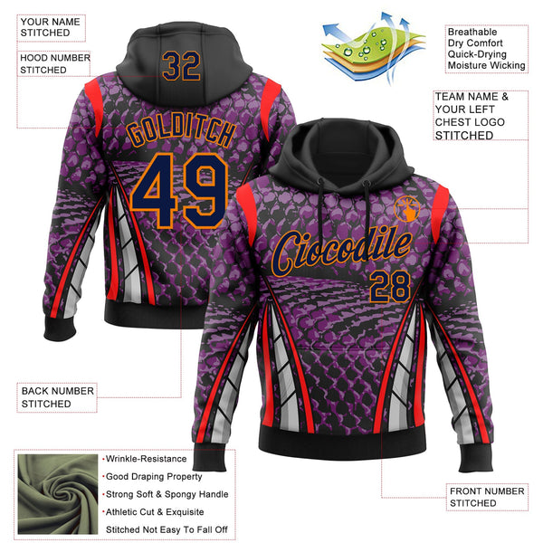 Custom Stitched Purple Navy Black Red Bay Orange-White 3D Pattern Design Snake Skin Print Sportswear Pullover Sweatshirt Hoodie alternate