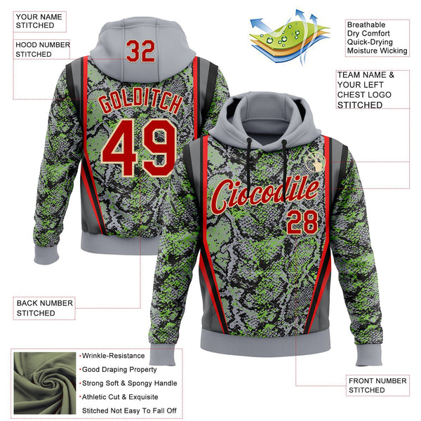 Custom Stitched Gray Red Green Black-Cream 3D Pattern Design Snake Skin Print Sportswear Pullover Sweatshirt Hoodie alternate