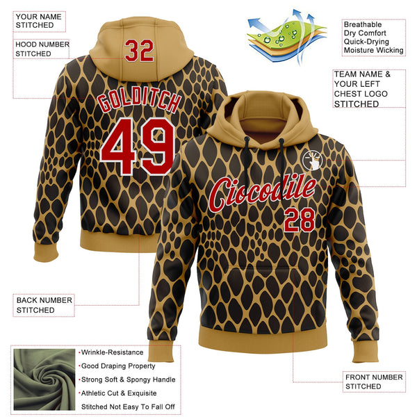 Custom Stitched Old Gold Red Brown-White 3D Pattern Design Snake Skin Print Sportswear Pullover Sweatshirt Hoodie alternate