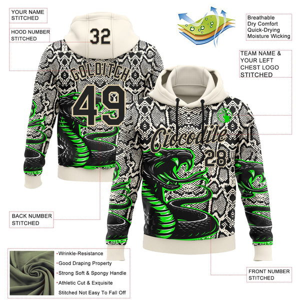 Custom Stitched Cream Black-Green 3D Pattern Design Snake Skin Print Sportswear Pullover Sweatshirt Hoodie alternate