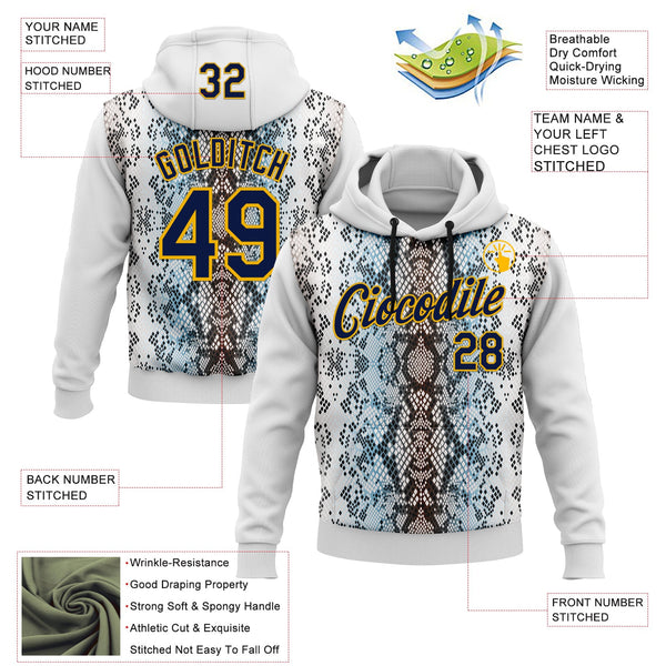 Custom Stitched White Navy Black Blue-Gold 3D Pattern Design Snake Skin Print Sportswear Pullover Sweatshirt Hoodie alternate