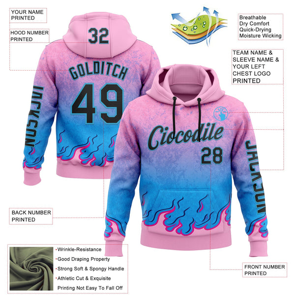 Custom Pink Black-Sky Blue 3D Abstract Flame Sports Pullover Sweatshirt Hoodie alternate