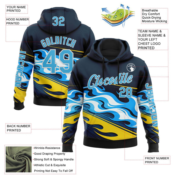 Custom Navy Sky Blue Yellow Black-White 3D Abstract Flame Sports Pullover Sweatshirt Hoodie alternate
