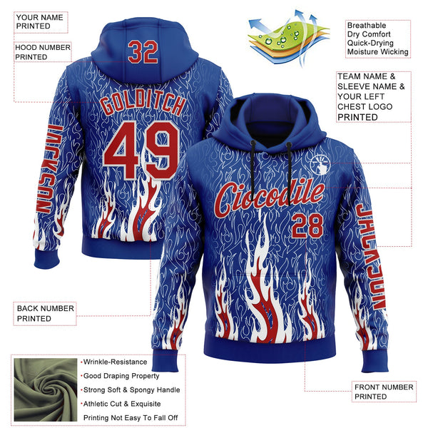 Custom Royal Red-White 3D Abstract Flame Sports Pullover Sweatshirt Hoodie alternate