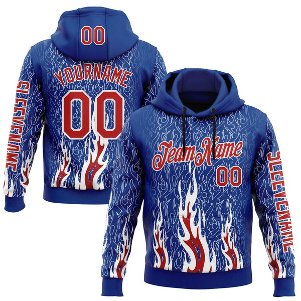 Custom Royal Red-White 3D Abstract Flame Sports Pullover Sweatshirt Hoodie