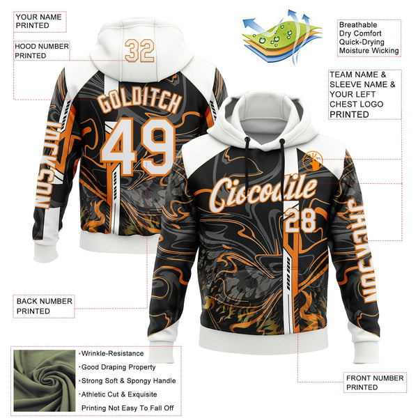 Custom Black White-Bay Orange 3D Abstract Flame Sports Pullover Sweatshirt Hoodie alternate