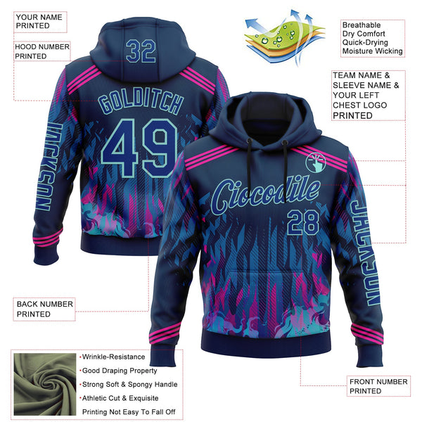 Custom Blue Royal Pink-Ice Blue 3D Abstract Flame Sports Pullover Sweatshirt Hoodie alternate
