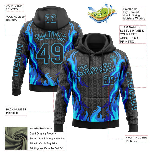 Custom Black Sky Blue 3D Abstract Flame Sports Pullover Sweatshirt Hoodie alternate