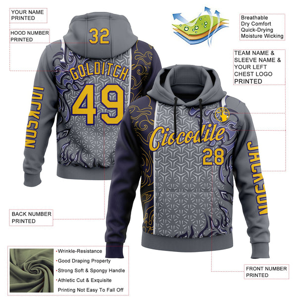 Custom Gray Yellow-Dark Purple 3D Abstract Flame Sports Pullover Sweatshirt Hoodie alternate