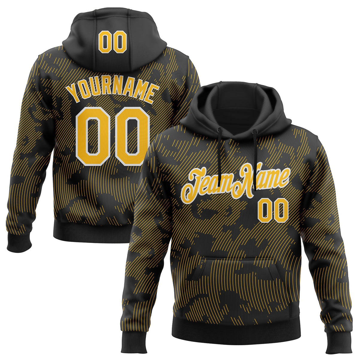 Custom Stitched Black Gold-White Curve Lines Sports Pullover Sweatshirt Hoodie