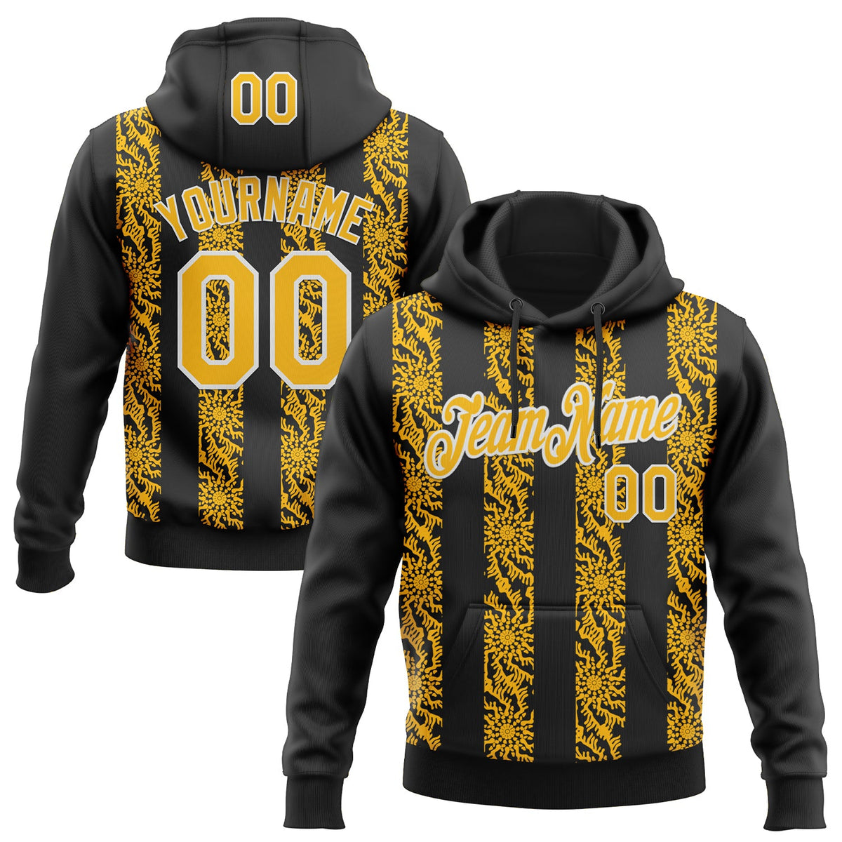 Custom Stitched Black Gold-White Abstract Shape Pattern Sports Pullover Sweatshirt Hoodie