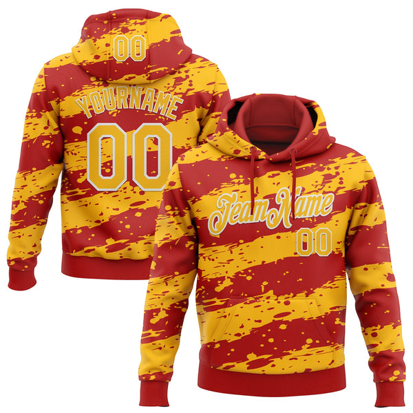 Custom Stitched Red Gold-White Splash Torn Paper Style Sports Pullover Sweatshirt Hoodie