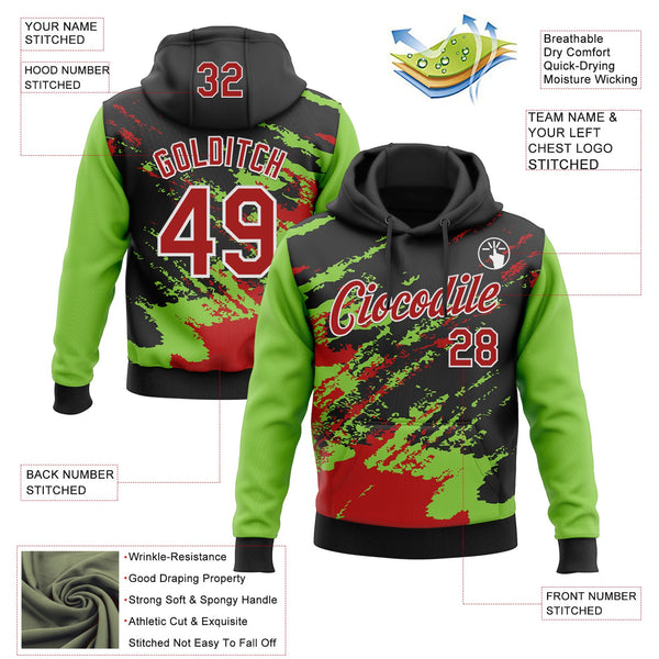 Custom Stitched Black Red Neon Green-White 3D Pattern Design Abstract Fragment Art Splash Sports Pullover Sweatshirt Hoodie alternate