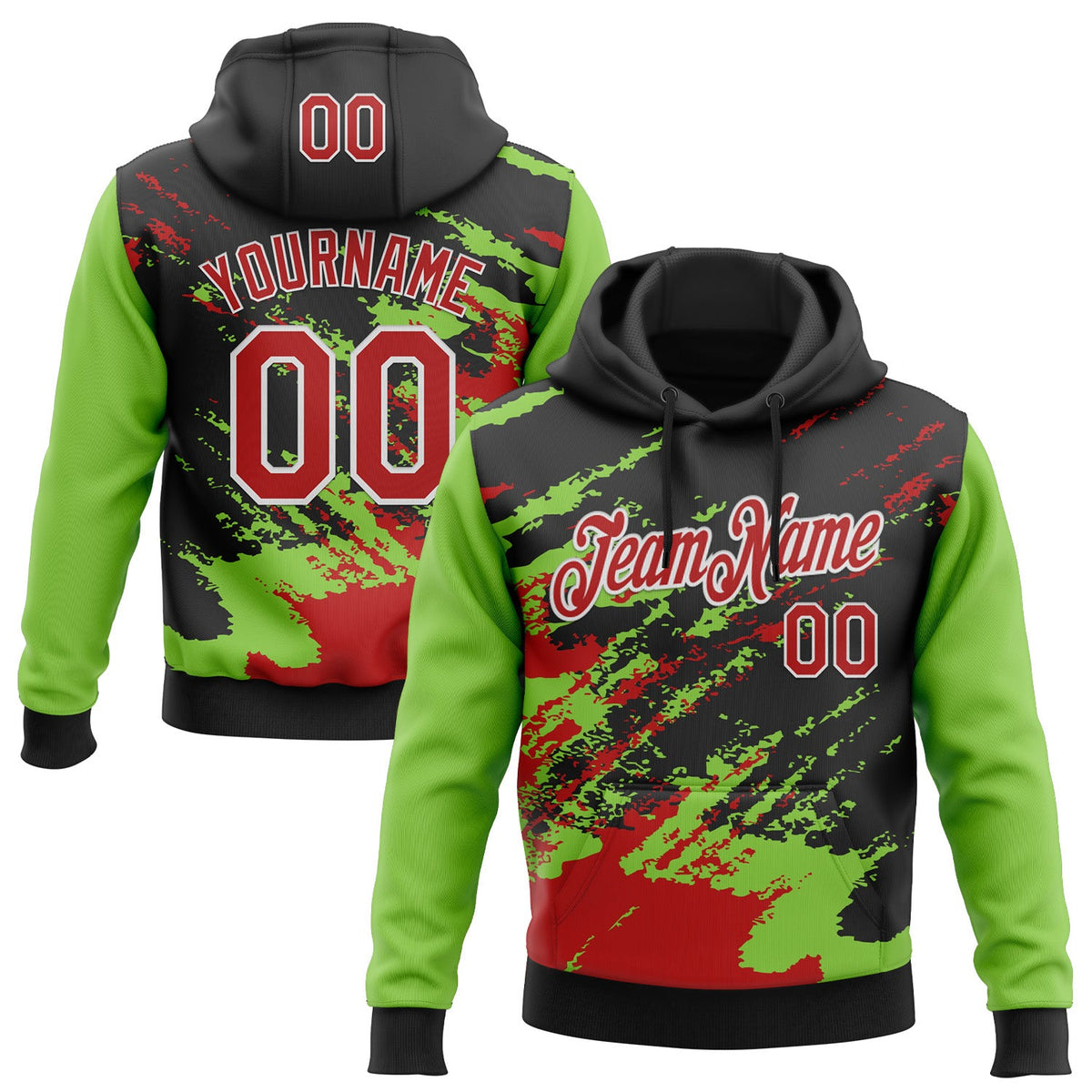 Custom Stitched Black Red Neon Green-White 3D Pattern Design Abstract Fragment Art Splash Sports Pullover Sweatshirt Hoodie