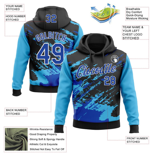 Custom Stitched Black Thunder Blue Sky Blue-White 3D Pattern Design Abstract Fragment Art Splash Sports Pullover Sweatshirt Hoodie alternate