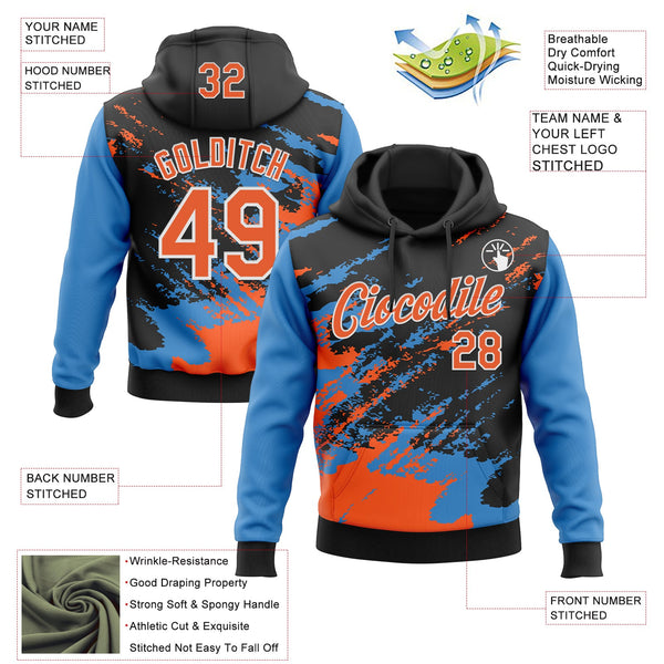 Custom Stitched Black Orange Powder Blue-White 3D Pattern Design Abstract Fragment Art Splash Sports Pullover Sweatshirt Hoodie alternate