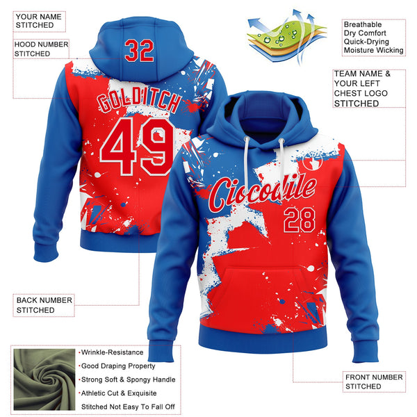 Custom Stitched Royal Fire Red-White 3D Pattern Design Splash Torn Paper Style Sports Pullover Sweatshirt Hoodie alternate