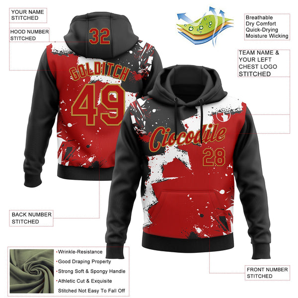 Custom Stitched Black Red Old Gold-White 3D Pattern Design Splash Torn Paper Style Sports Pullover Sweatshirt Hoodie alternate
