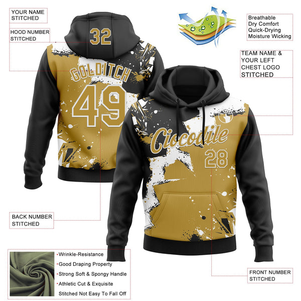 Custom Stitched Black Old Gold-White 3D Pattern Design Splash Torn Paper Style Sports Pullover Sweatshirt Hoodie alternate