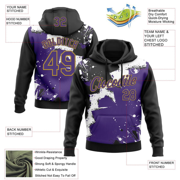 Custom Stitched Black Purple Old Gold-White 3D Pattern Design Splash Torn Paper Style Sports Pullover Sweatshirt Hoodie alternate