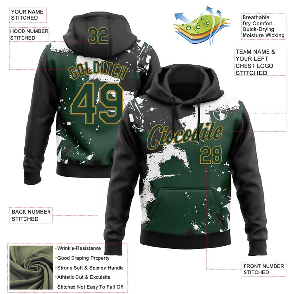 Custom Stitched Black Green Old Gold-White 3D Pattern Design Splash Torn Paper Style Sports Pullover Sweatshirt Hoodie alternate